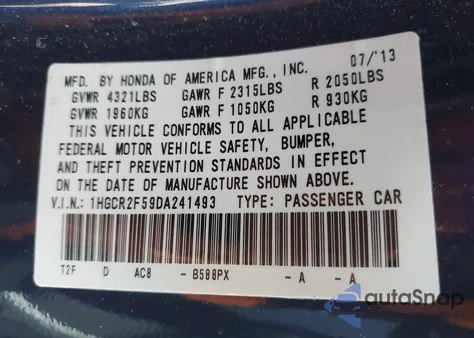 2013 Honda Accord Sport from USA, damaged, VIN 1HGCR2F59DA241493